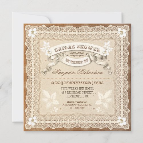 vintage lace typographic bridal shower invitations