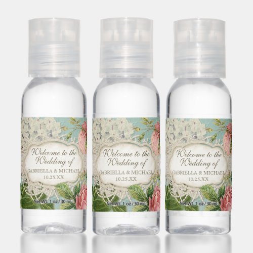 Vintage Lace White Hydrangea Blush Roses Wedding Hand Sanitizer