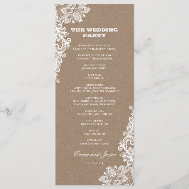 Vintage Lace White & Kraft Rustic Wedding Program (Front)