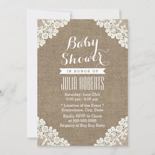 Vintage Laced Burlap Rustic Baby Shower Invitation