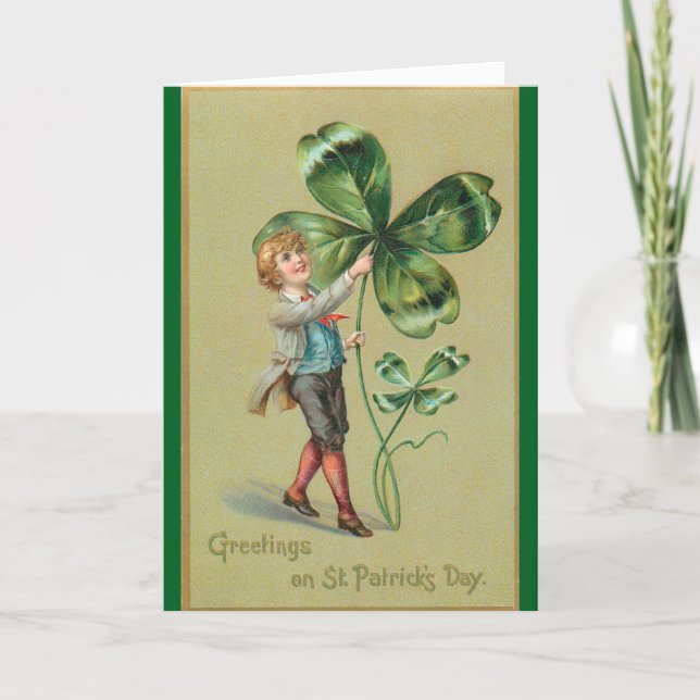 Vintage Lad With Shamrocks Greeting Card (Front)
