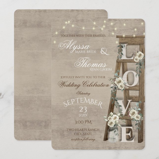 Vintage Ladder with Antique White Roses Love Invitation (Front/Back)