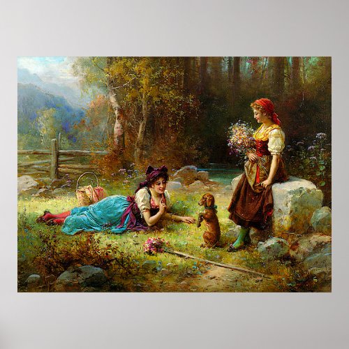 Vintage Ladies And A Brown Dog At the Forest Poster