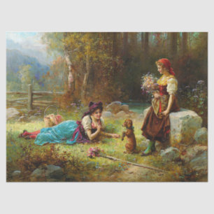 Vintage Ladies And A Brown Dog At the Forest Tissue Paper