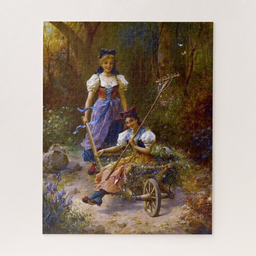 Vintage Ladies And Wheel Barrow At the Forest Jigsaw Puzzle