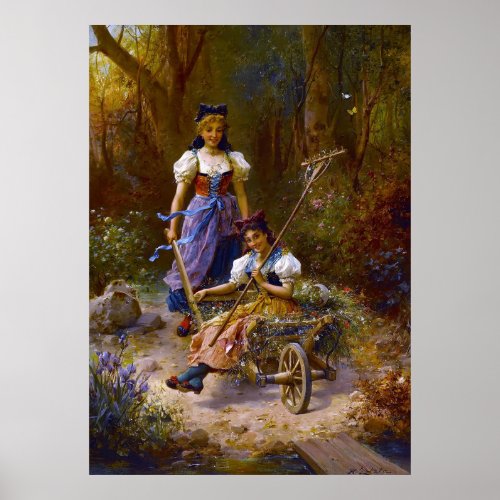 Vintage Ladies And Wheel Barrow At the Forest Poster