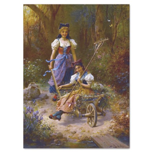 Vintage Ladies And Wheel Barrow At the Forest Tissue Paper