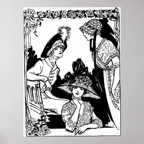 Vintage Ladies Attire Hats Black White Fashion Art Poster