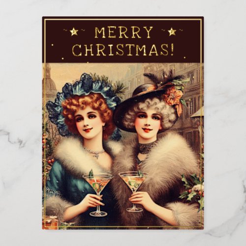 Vintage Ladies Christmas Theme Greetings Retro Pic Foil Holiday Postcard