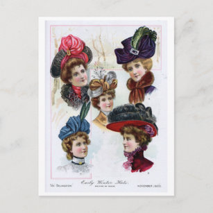 Vintage Ladies' Early Winter Hats from 1900 Postcard