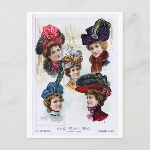 Vintage Ladies Early Winter Hats from 1900 Postcard