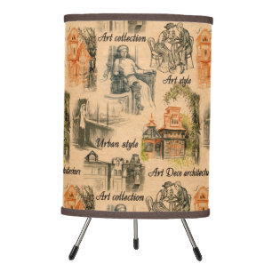 Vintage Ladies in the City Pencil Drawing Tripod Lamp