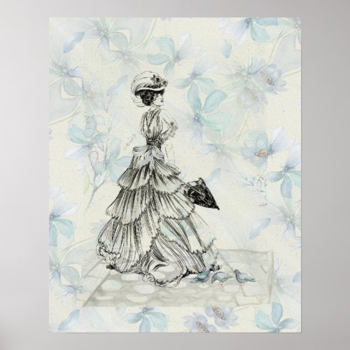 Vintage Lady And Blue Flowers Poster