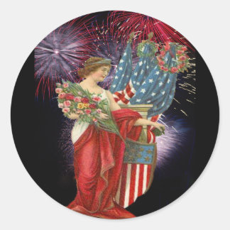 Vintage Lady and Fireworks Classic Round Sticker