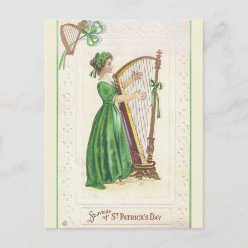 Vintage Lady and Harp St Patricks Day Souvenir Postcard
