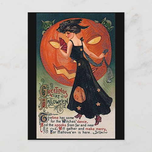 Vintage Lady and Jack olantern Moon Halloween Postcard