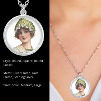Vintage Lady Bead and Lace Bonnet Round Silver Plated Necklace