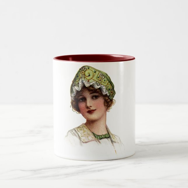 Vintage Lady Bead and Lace Bonnet Two-Tone Coffee Mug (Center)