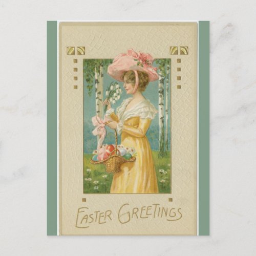 Vintage Lady Between Cedar Trees With Easter Eggs Postcard
