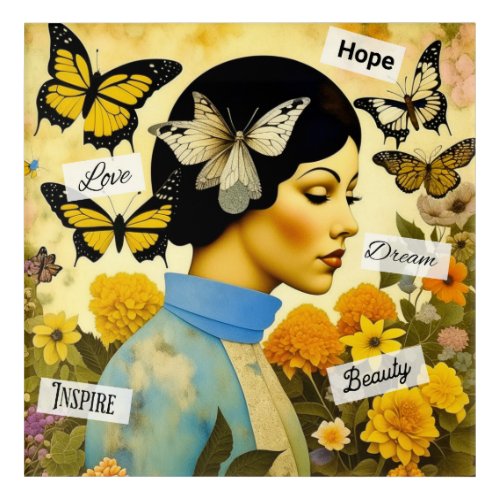 Vintage Lady Butterflies Flowers and Inspiring Acrylic Print