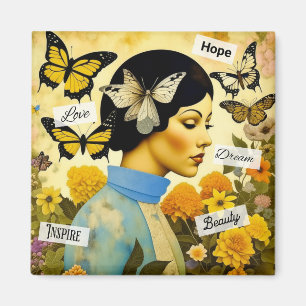 Vintage Lady, Butterflies, Flowers and Inspiring Magnet