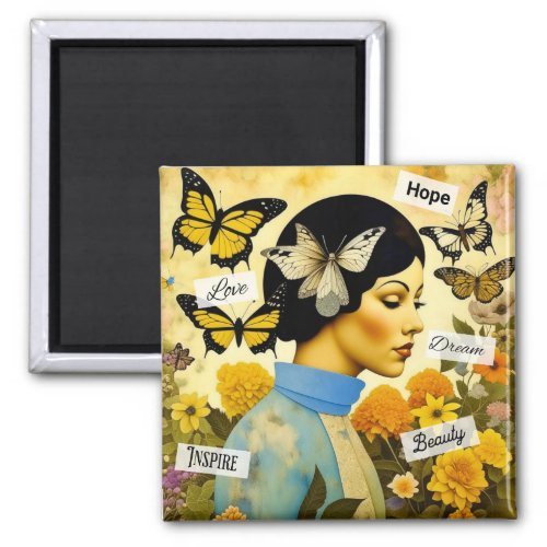 Vintage Lady Butterflies Flowers and Inspiring Magnet