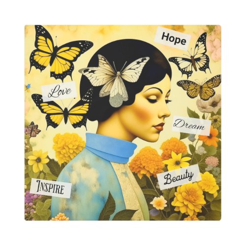 Vintage Lady Butterflies Flowers and Inspiring Metal Print