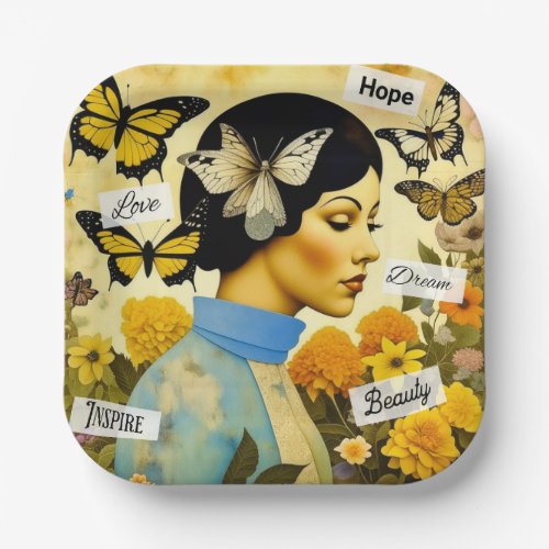 Vintage Lady Butterflies Flowers and Inspiring Paper Plates