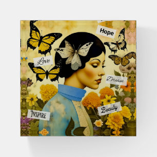 Vintage Lady, Butterflies, Flowers and Inspiring Paperweight