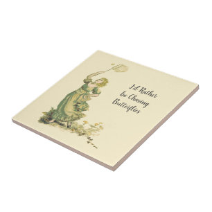 Vintage Lady Chasing Butterflies Ceramic Tile