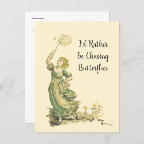 Vintage Lady Chasing Butterflies   Postcard