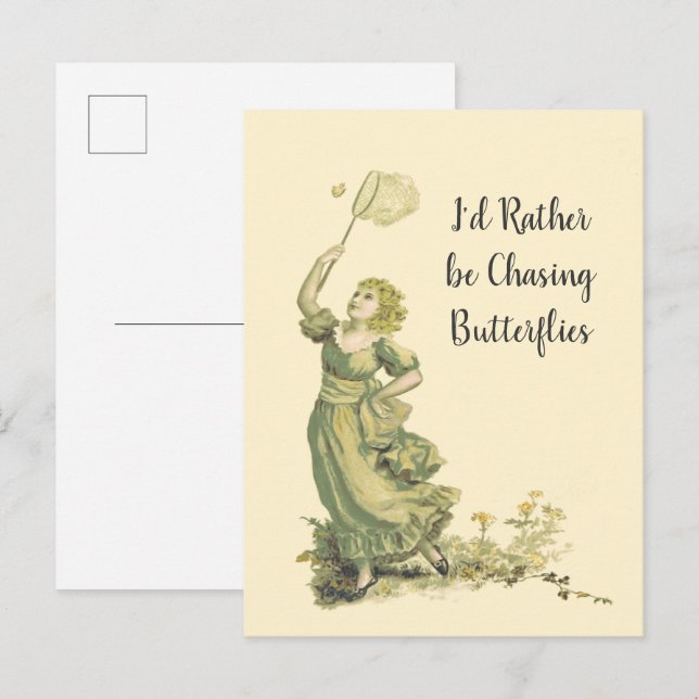 Vintage Lady Chasing Butterflies   Postcard (Front/Back)