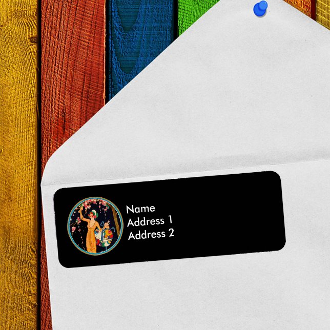 Vintage Lady Cherry Blossom Tree Hat Box Label (Vintage Lady picking pink cherry blossoms from tree on black return address label.)