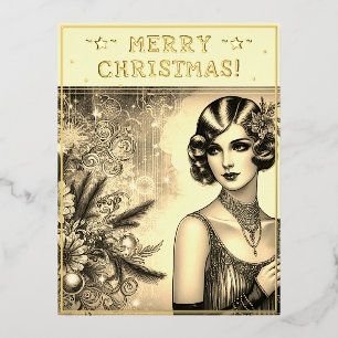 Vintage Lady Christmas Theme Greetings Retro Pic Foil Holiday Postcard
