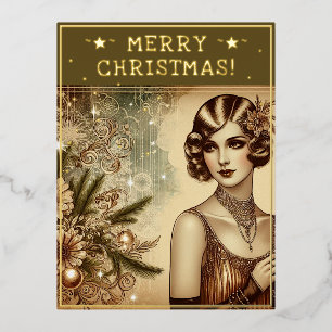 Vintage Lady Christmas Theme Greetings Retro Pic Foil Holiday Postcard