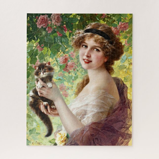 Vintage Lady Cute Kitten & Rose Flower Jigsaw Puzzle (Vertical)