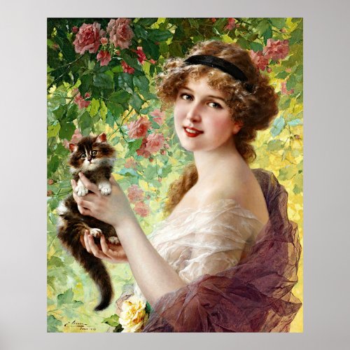 Vintage Lady Cute Kitten  Rose Flower Poster
