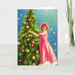 Vintage Lady Decorating Christmas Tree Blank Holiday Card