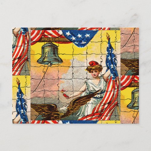 Vintage Lady Eagle Flag and Liberty Bell Mosaic Postcard