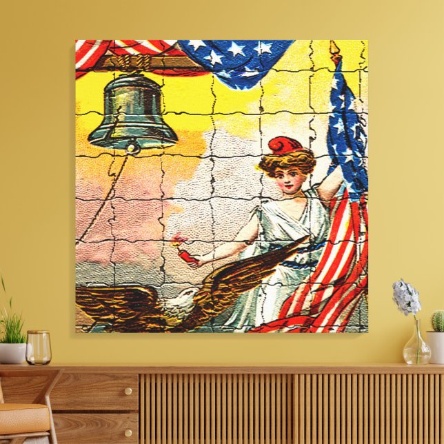 Vintage Lady, Eagle, Flag and Liberty Bell Mosiac Canvas Print (Insitu(LivingRoom))