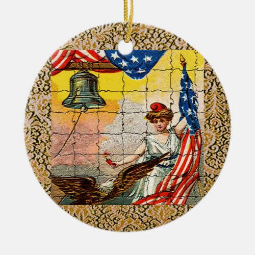 Vintage Lady Eagle Flag and Liberty Bell Mosiac Ceramic Ornament