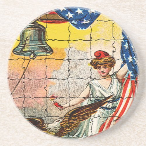 Vintage Lady Eagle Flag and Liberty Bell Mosiac Coaster