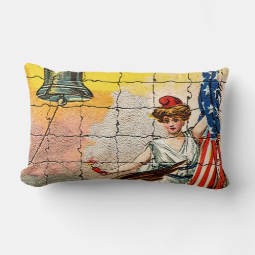 Vintage Lady Eagle Flag and Liberty Bell Mosiac Lumbar Pillow