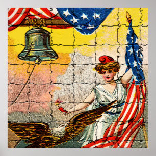 Vintage Lady, Eagle, Flag and Liberty Bell Mosiac Poster