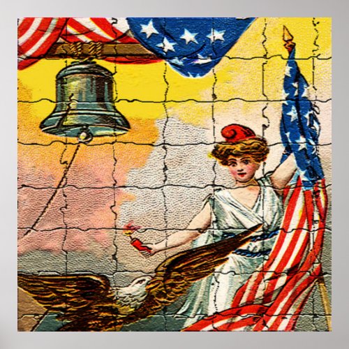 Vintage Lady Eagle Flag and Liberty Bell Mosiac Poster