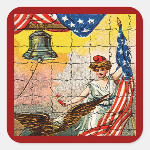 Vintage Lady Eagle Flag and Liberty Bell Mosiac Square Sticker