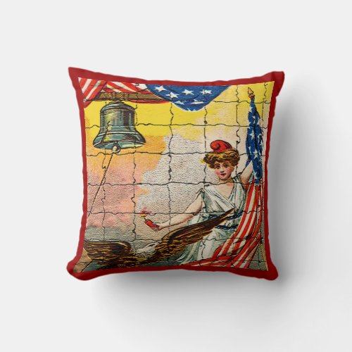 Vintage Lady Eagle Flag and Liberty Bell Mosiac Throw Pillow