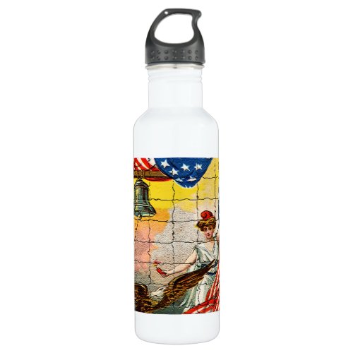 Vintage Lady Eagle Flag and Liberty Bell Mosiac Water Bottle