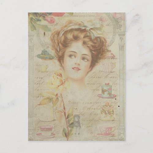 Vintage Lady Elegant China Frame Shabby Collage Postcard