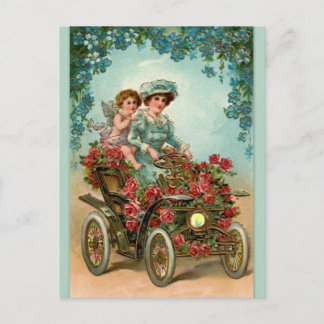 Vintage Lady fährt Auto mit Engel Postcard